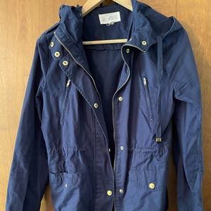 Navy blue light fall jacket with gold accents